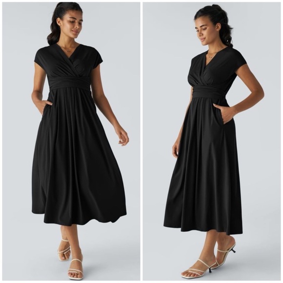 HALARA Dresses & Skirts - Halara Breezeful V Neck Short Sleeve Side Pocket Tie Back Quick Dry Midi Dress